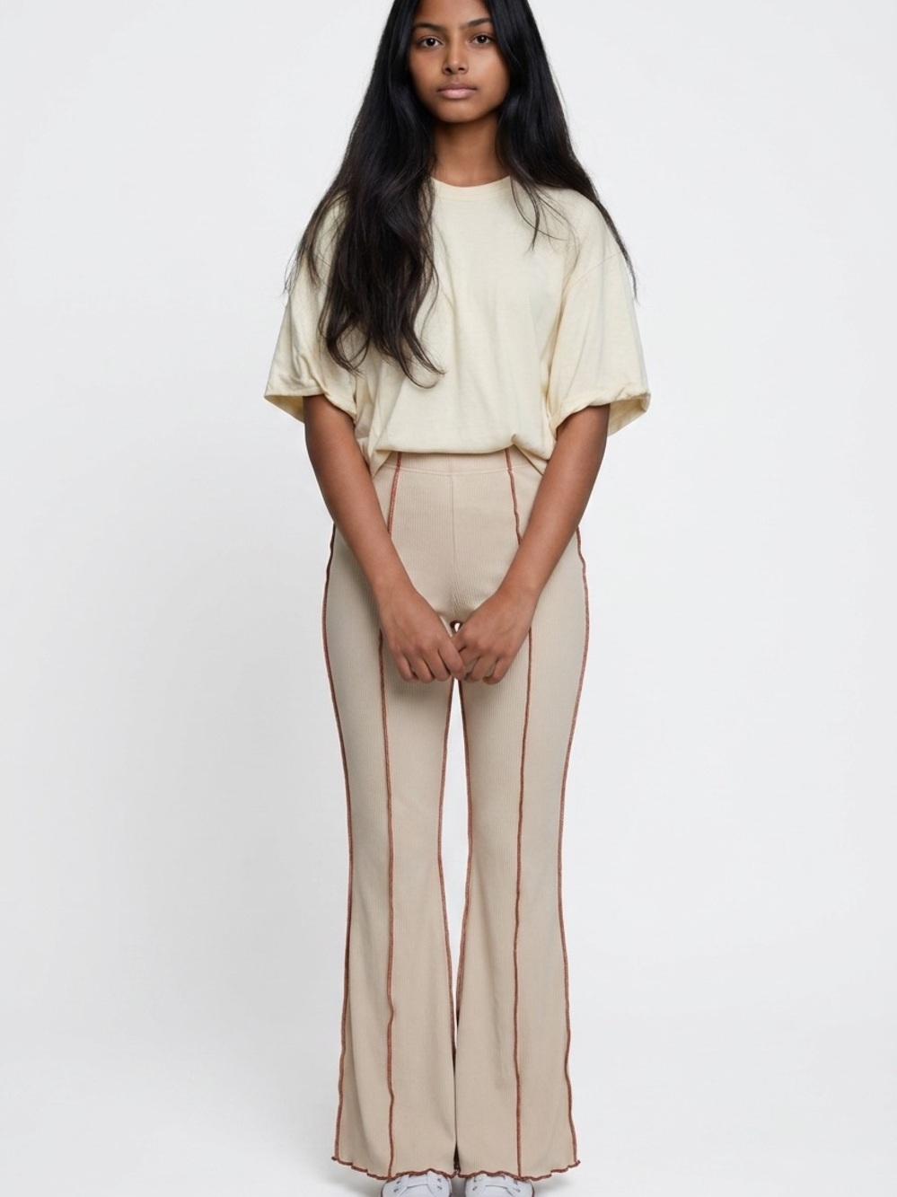 Derek Heart Cream Flared Seam-Trim Knit Pants - High Waisted